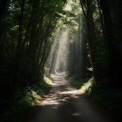 Obraz premium A peaceful, winding forest path disappearing into the distance, with beams of sunlight filtering through the canopy of tall trees.