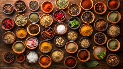 Overhead shot of various spices and herbs in small wooden bowls on a wooden surface, creating a colorful and aromatic culinary composition