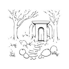 Enigmatic Portal Amidst Whispering Woods: A Serene Hand-Drawn Destination Beckons Within Nature's