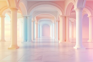 Obraz premium A pastel-hued colonnaded hall, bathed in soft light, showcasing a serene and ethereal ambiance.