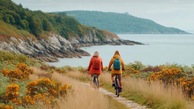Women bicycle backpack coastal trail corporate autumn cycling along cliff path enjoying peaceful nature scenery for retreat