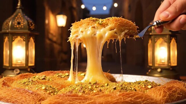 Captivating close-up of sweet kunafa dessert being served under warm lantern light with blurred Middle Eastern street scene