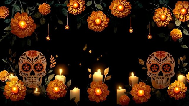 Day Of The Dead or Diwali Day Festival Decoration with Colorful Skulls, Marigold Flowers, and Candles for Celebrations