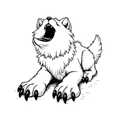 Expressive canine vocalization depiction with black and white linework, revealing powerful animal