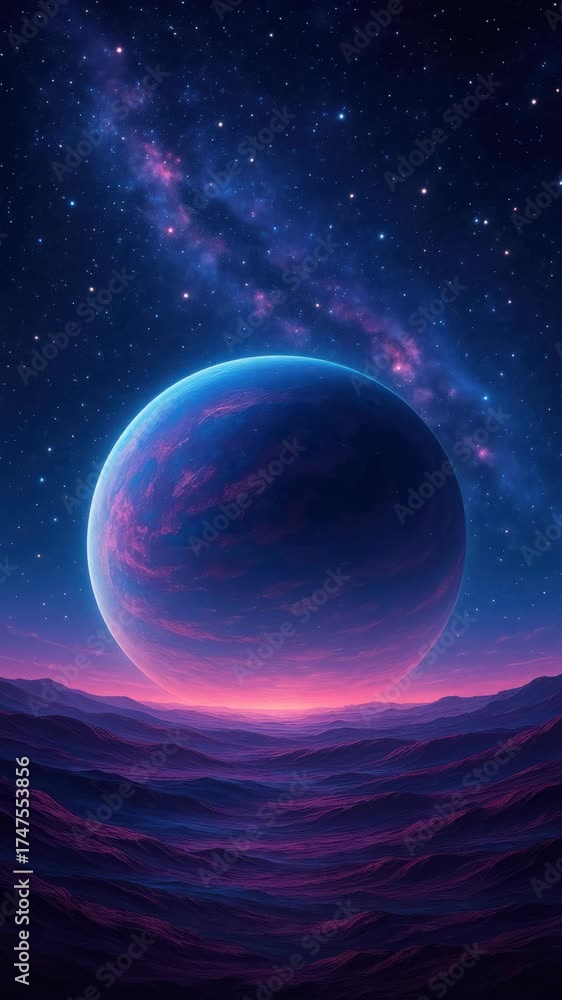 Wall mural a mesmerizing cosmic scene with a distant planet and starry sky, captured from a low angle. ideal fo