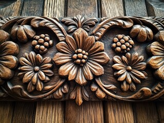 Fototapeta premium Intricately carved wooden panel featuring floral and berry motifs with detailed leaves and petals, showcasing warm wood tones and fine craftsmanship