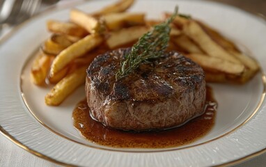 Grilled steak medallion topped with a sprig of rosemary served with golden french fries on a white plate with sauce