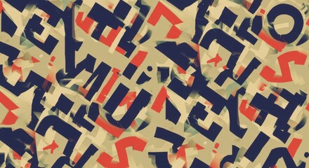 Chaotic typography abstract composition of bold red and blue letterforms on textured beige