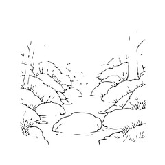 Hand drawn illustration of a stream flowing through rocks and foliage creating peaceful scenery
