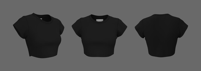 3D rendering of women’s crop top t-shirt mockup. Short sleeve crew neck design showing front, side, and back view with realistic fabric texture