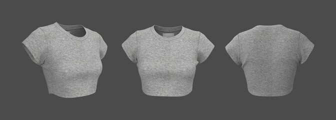 3D rendering of women’s crop top t-shirt mockup. Short sleeve crew neck design showing front, side, and back view with realistic fabric texture