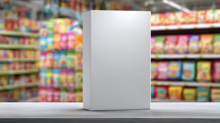 White box sits on a table in a brightly lit grocery store aisle.