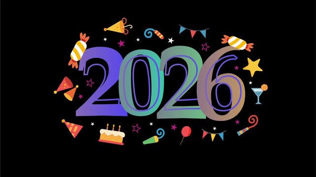 Colorful 2026 number surrounded by balloons cake and confetti decorations