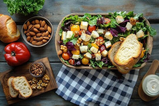 Fresh mixed salad with cherry tomatoes, leafy greens, cheese cubes, nuts, and slices of toasted bread on a rustic wooden table with almonds, red bell pepper, bread, walnuts, and creamy dressing