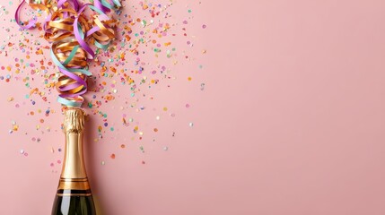Festive celebration with champagne and colorful confetti streamers.