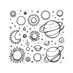 Hand-drawn astronomical elements creating whimsical celestial pattern with planet and sun for