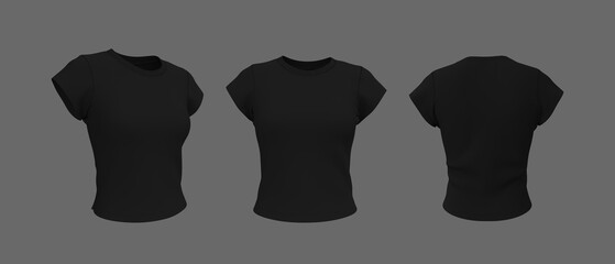 3D rendering of women’s slim fit short sleeve crew neck t-shirt mockup. Front, side, and back view realistic apparel design