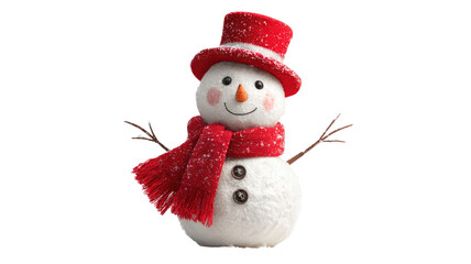 a cheerful snowman stands with a red scarf and top hat isolated on white background