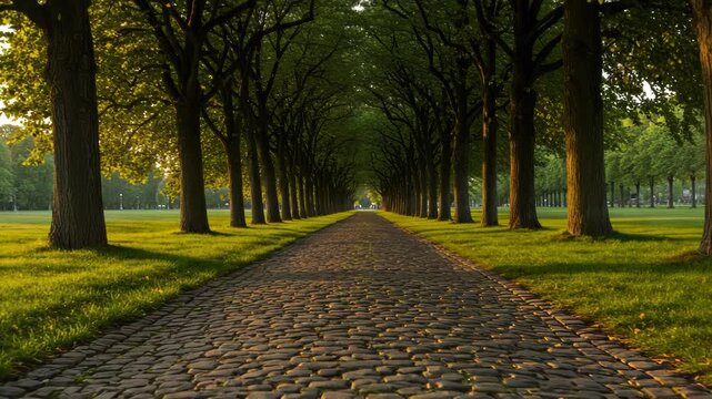 A treelined cobblestone path leads into the distance at sunrise