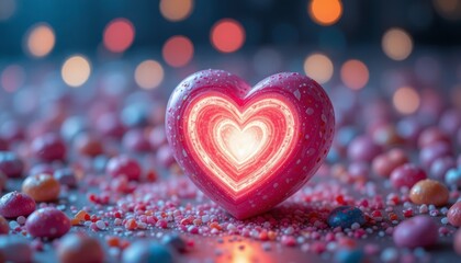 Fototapeta premium A bright heart shape with a glowing center on a blurred background
