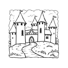 Illustration of a majestic medieval fortress standing proudly on elevated ground and surrounded by