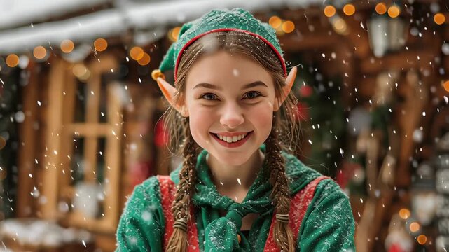 A joyful young elf with pointy ears smiles brightly while dressed in festive attire. She stands by a cozy wooden cabin adorned with colorful Christmas lights amidst gently falling snow