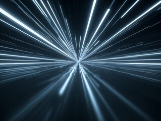 Abstract light speed tunnel with glowing white and blue lines on a dark futuristic background. Dynamic digital data transfer concept.