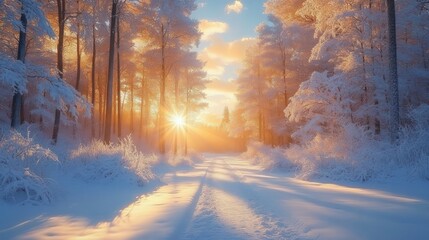 Sunshine breaking through snowy forest trees casting long shadows on a serene snow-covered path during winter morning