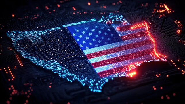 Digital circuit board shaped as the United States map with glowing red, white, and blue lights representing the American flag, symbolizing technology and patriotism