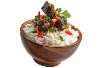 Mandi Yemeni basmati rice with beef, lamb, herbs, and vegetables in wooden bowl, isolated on white transparent background. Traditional Arabic cuisine
