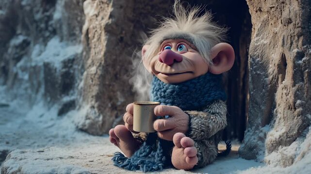 A charming troll wrapped in a warm wool scarf sits beside a snowy cave entrance, sipping steaming tea from a mug while enjoying the peaceful surroundings and winter atmosphere