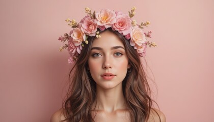 Fototapeta premium Portrait of a beautiful young woman with a flower crown on her head
