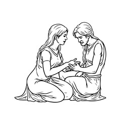 Intimate illustration of two figures kneeling and connecting a spiritual link forming a bond