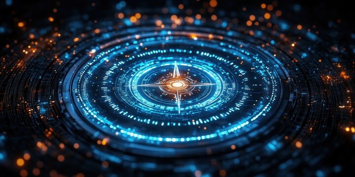 Futuristic glowing circular interface with blue and orange digital light elements creating a high-tech, sci-fi atmosphere