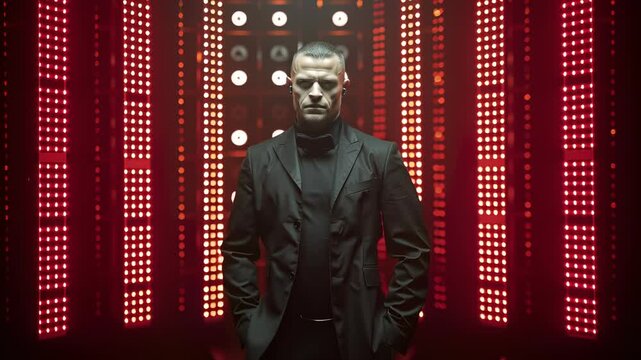 A tall male bouncer with shaved sides stands firmly at the entrance of a vibrant club. He wears a black suit and earpiece, presenting an intimidating presence. The atmosphere is lively and energetic