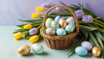 Easter Basket of Joy: A vibrant Easter scene featuring a woven basket brimming with pastel-colored eggs, complemented by a bouquet of fresh, colorful tulips.