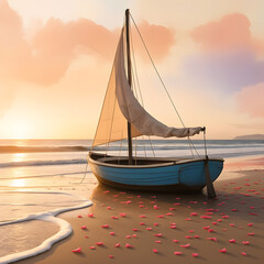 Serene Seaside Sailboat: A tranquil sailboat rests gracefully on the sandy shore as the sun dips below the horizon, painting the sky with warm hues, evoking feelings of peace and relaxation.