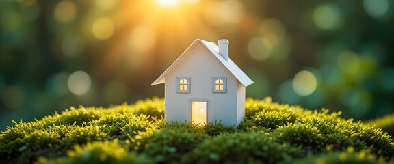 Eco-Friendly Home: A miniature house nestled on a mossy mound basks in the warm sunlight, embodying sustainable living and the harmony between nature and homeownership.