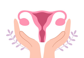 Hands protecting uterus and ovaries with leaves growing illustration.