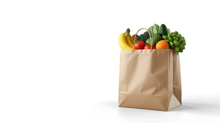 Grocery Bag filled with Freshness: A simple yet enticing view of a brown paper bag overflowing with an array of fresh, colorful fruits and vegetables.