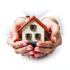 Protected Dwelling: Hands cradling a miniature house symbolize care, protection, and the essence of home, capturing the concepts of security, stability, and belonging.