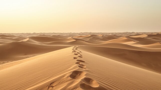 Footprints leading across sand dunes under a hazy sky in a desert landscape at golden hour light