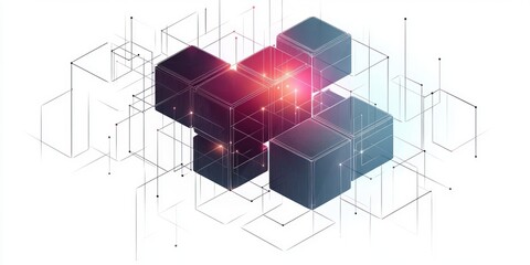 Abstract digital composition of interconnected translucent cubes with glowing points and geometric lines on a white background, symbolizing technology and data flow