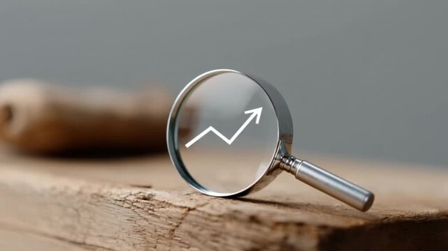close up of a magnifying glass focusing on a white upward trending arrow symbol on a wooden surface representing business growth and data analysis