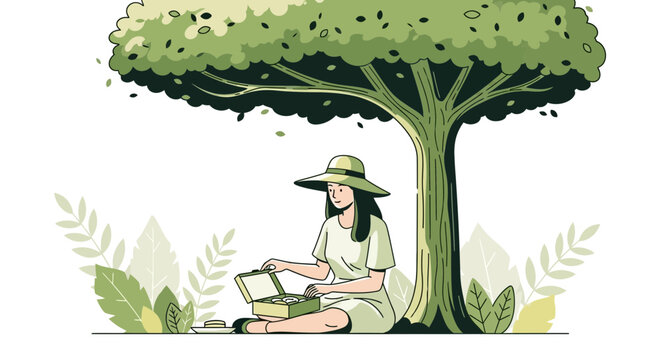 Peaceful illustration of a woman enjoying a picnic under the shade of a tree