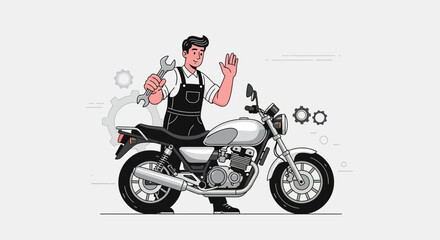 Motorcycle Mechanic Waving Holding Wrench Next To A Classic Bike Vector Illustration Design
