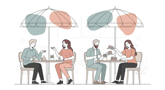 People Enjoying Conversations And Delights Under The Shady Umbrellas In Cafe