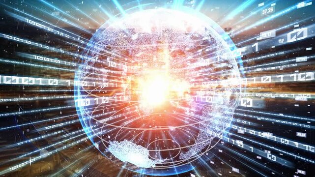 Futuristic global network and tacit digital data transfer 3D graphic . Concept of smart digital transformation and technology disruption that changes global trends in new information era .
