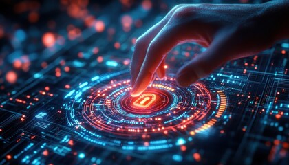 A human finger touching a glowing digital lock icon on a futuristic circular interface surrounded by vibrant blue and red technological patterns symbolizing cybersecurity and data protection
