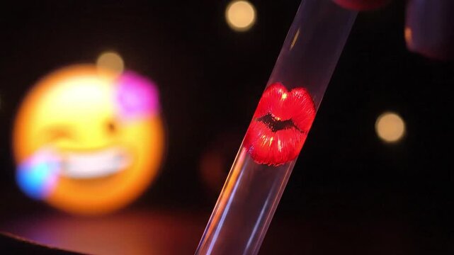 red lips kiss symbol glowing on clear tube with blurred fun emoji background at night